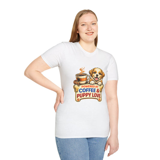 Powered By Coffee & Puppy Love t-shirt, cute puppy and coffee cup graphic, dog lover design, white
