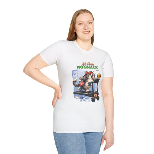 No Pain No Snack t-shirt, cat on treadmill with burger and donut graphic, white