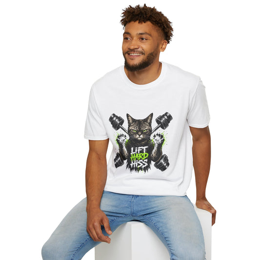 Lift Hard Hiss Harder t-shirt, weightlifting cat with dumbbells graphic, white