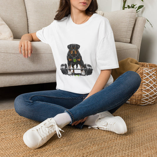 Rottweiler weightlifting t-shirt, strong Rottweiler dog with barbell graphic, white