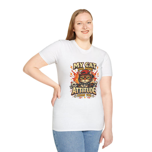 Funny cat t-shirt, sarcastic quote “My Cat Has More Attitude Than You”, grumpy cat graphic, white
