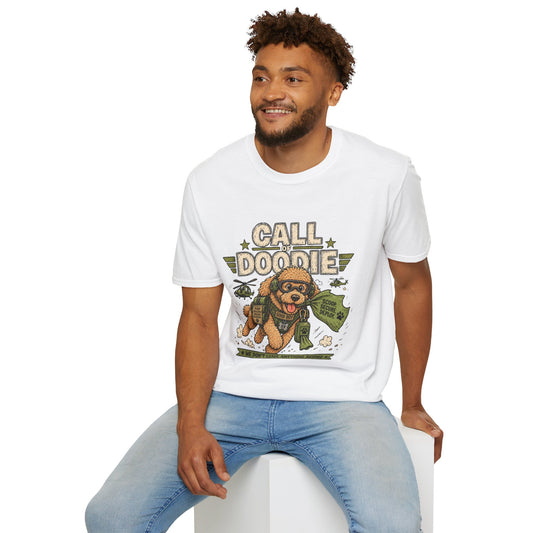 Call of Doodie t-shirt, funny military dog graphic with tactical poodle illustration, white