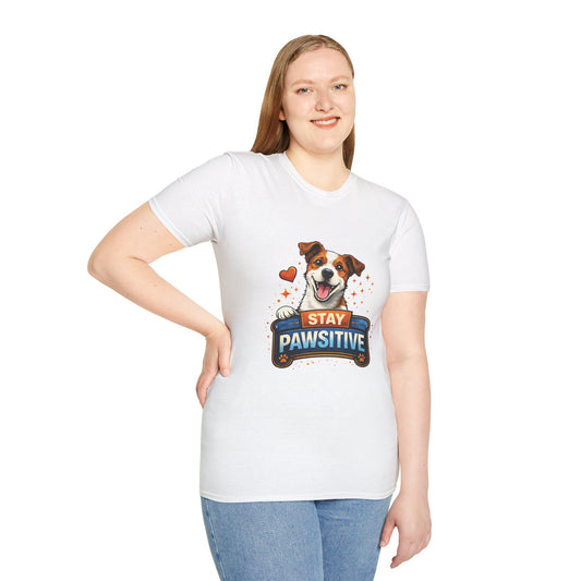 Stay Pawsitive t-shirt, cute smiling dog graphic, motivational pet lover design, white