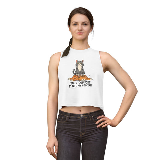 Your Comfort Is Not My Concern tank top, sarcastic cat sitting on another cat graphic, white