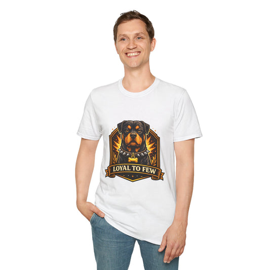 Rottweiler, “Loyal to Few” quote, strong guard dog graphic design, white