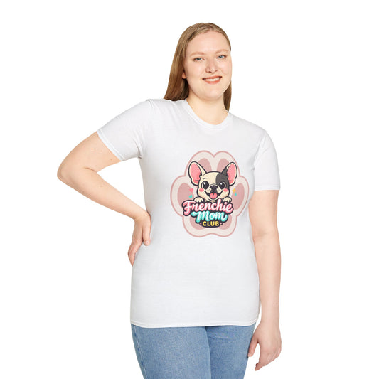 Frenchie mom t-shirt, cute French bulldog graphic, “Frenchie Mom Club” quote, white