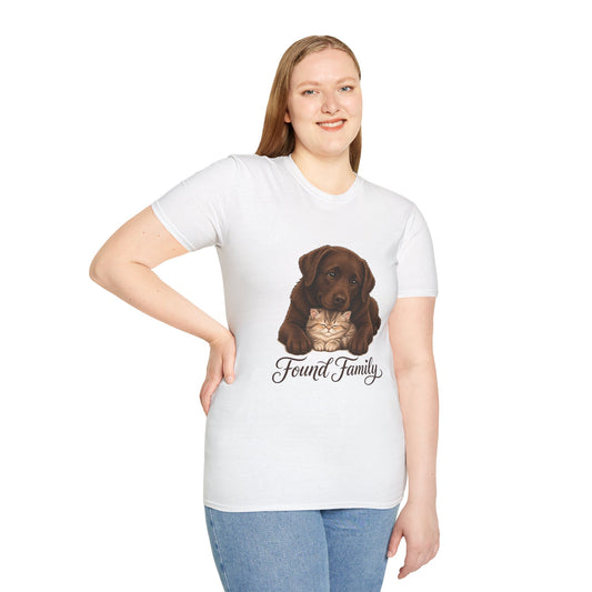 Found Family Labrador Retriever t-shirt, chocolate lab dog cuddling kitten graphic, white