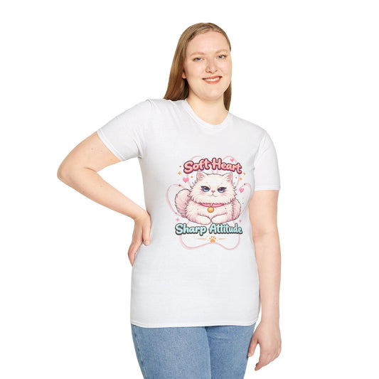 Soft Heart Sharp Attitude cat t-shirt, cute fluffy kitten graphic, funny cat lover quote shirt, white