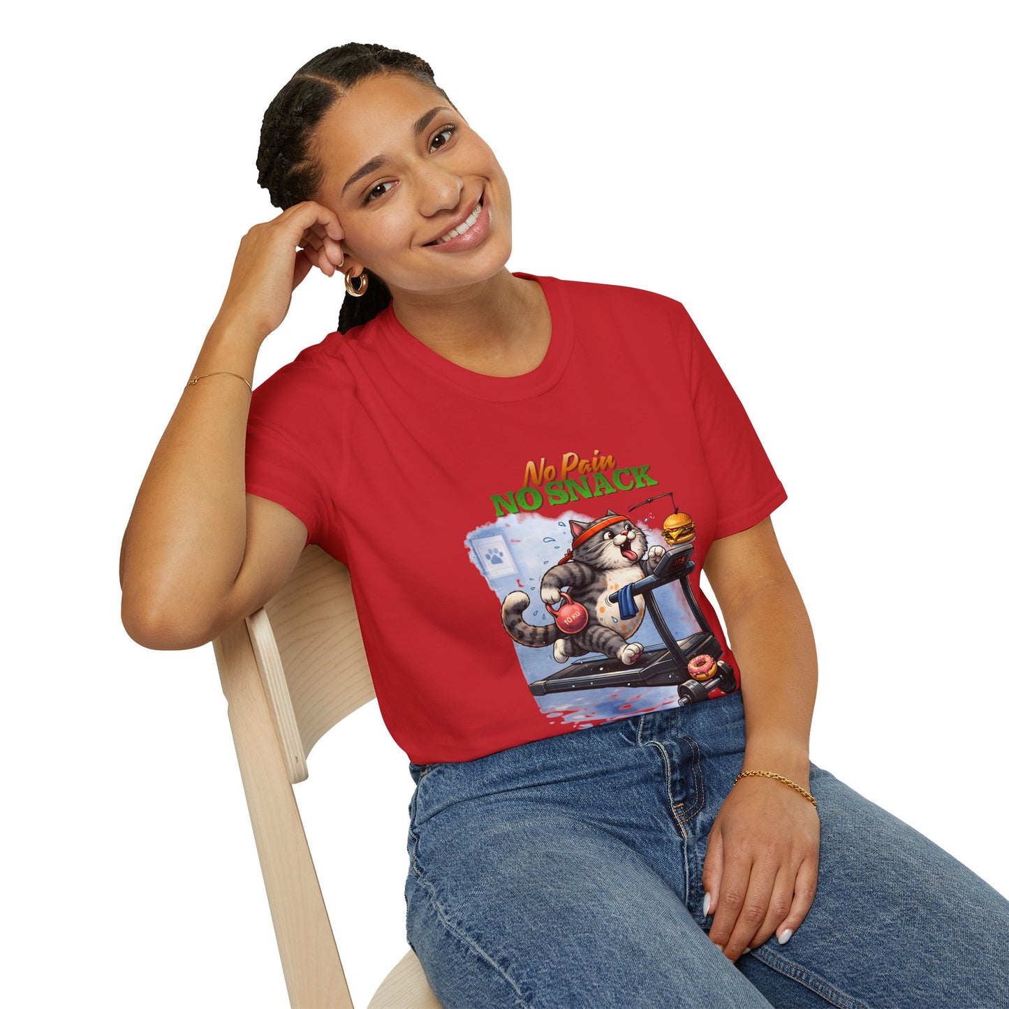 No Pain No Snack t-shirt, cat with food graphic illustration, red