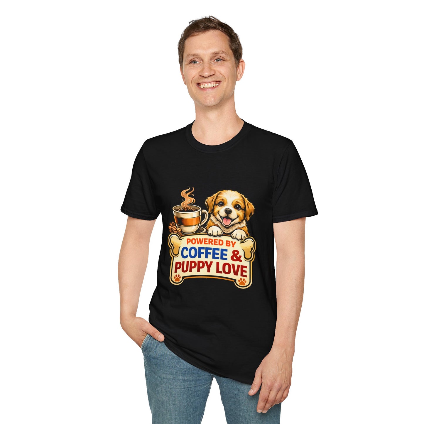Powered By Coffee & Puppy Love shirt, puppy and coffee graphic tee, dog lover apparel, black