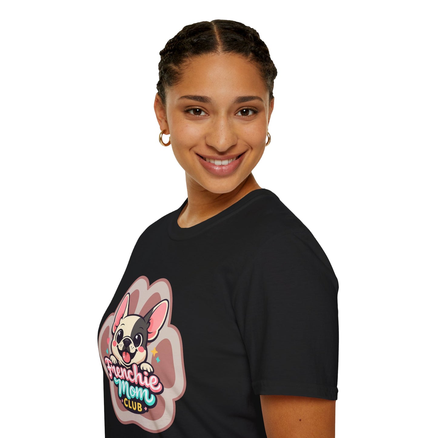 French bulldog mom t-shirt, cute Frenchie graphic, “Frenchie Mom Club” design, black