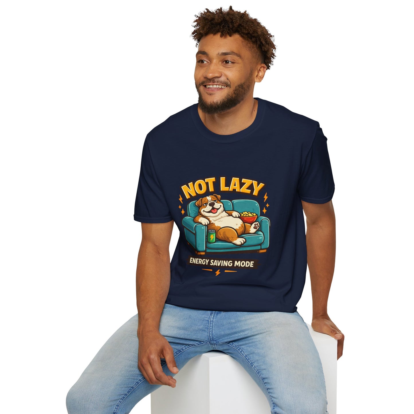 Not Lazy Energy Saving Mode t-shirt, dog lounging on couch design, navy