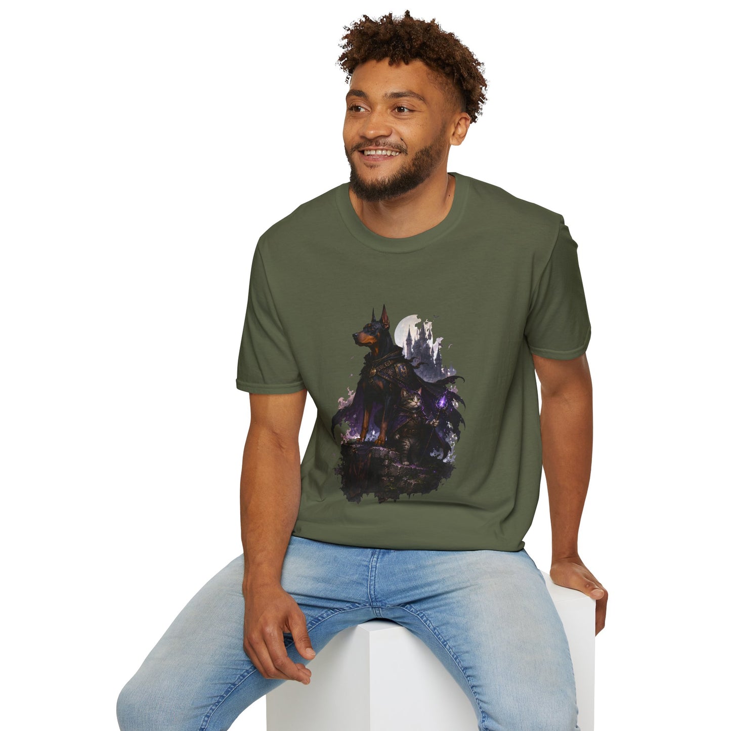 Doberman & Cat Guardian Gothic Castle T-Shirt