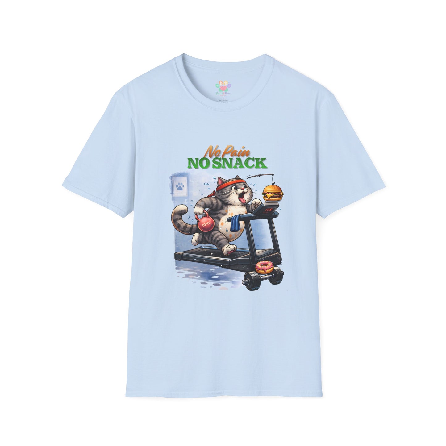 No Pain No Snack t-shirt, running cat with burger and donut graphic, light blue