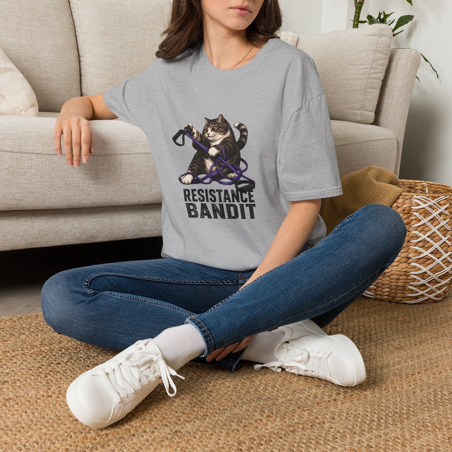 Resistance Bandit cat t-shirt, workout cat graphic design for gym lovers, sport grey