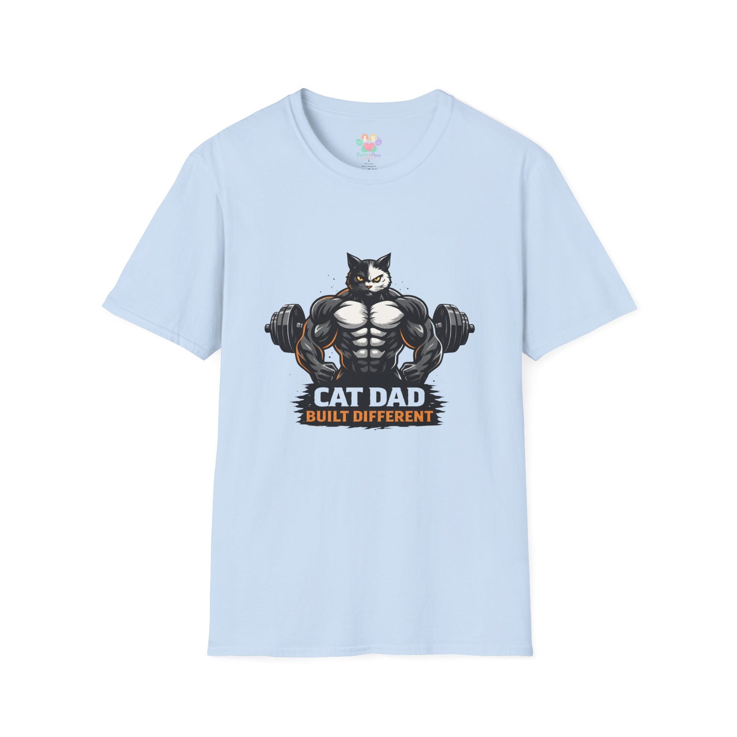 Cat Dad Built Different t-shirt, strong gym cat illustration with weights, fitness cat lover graphic tee, light blue