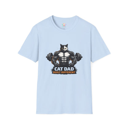 Cat Dad Built Different t-shirt, strong gym cat illustration with weights, fitness cat lover graphic tee, light blue