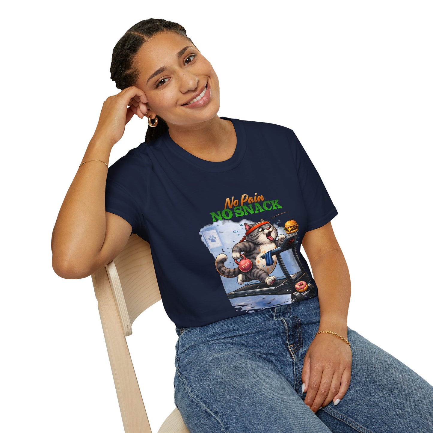 No Pain No Snack t-shirt, workout cat on treadmill design, navy