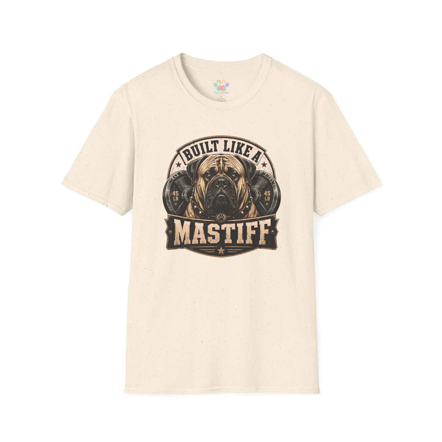 Built Like A Mastiff t-shirt, bold Mastiff dog lover design with weightlifting theme, natural
