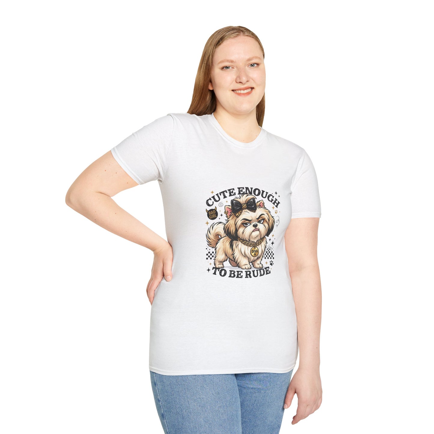 Cute Enough To Be Rude dog t-shirt, sassy small dog with bow and diva tag graphic, white
