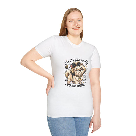 Cute Enough To Be Rude dog t-shirt, sassy small dog with bow and diva tag graphic, white