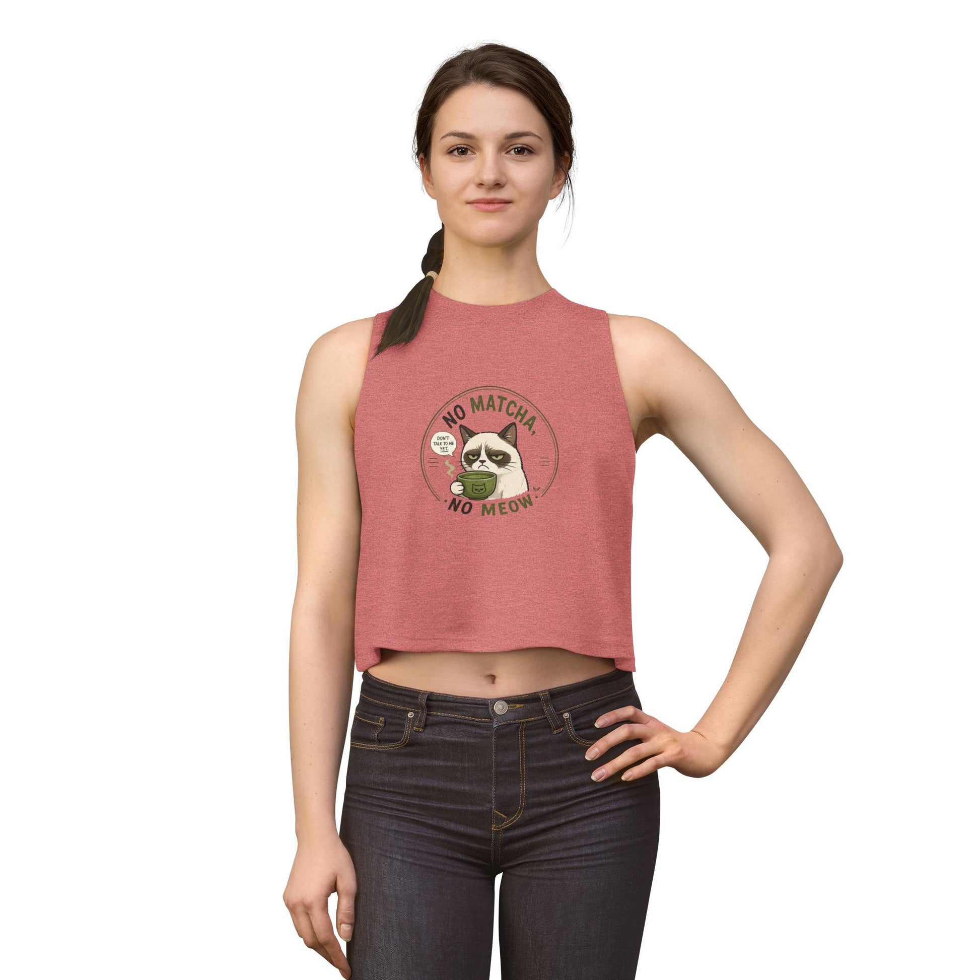 No Matcha No Meow tank top, cat holding matcha drink illustration, mauve