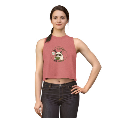 No Matcha No Meow tank top, cat holding matcha drink illustration, mauve