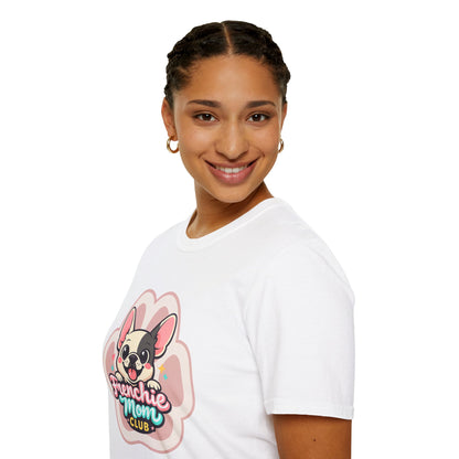 Frenchie mom t-shirt, cute French bulldog graphic, “Frenchie Mom Club” quote, white