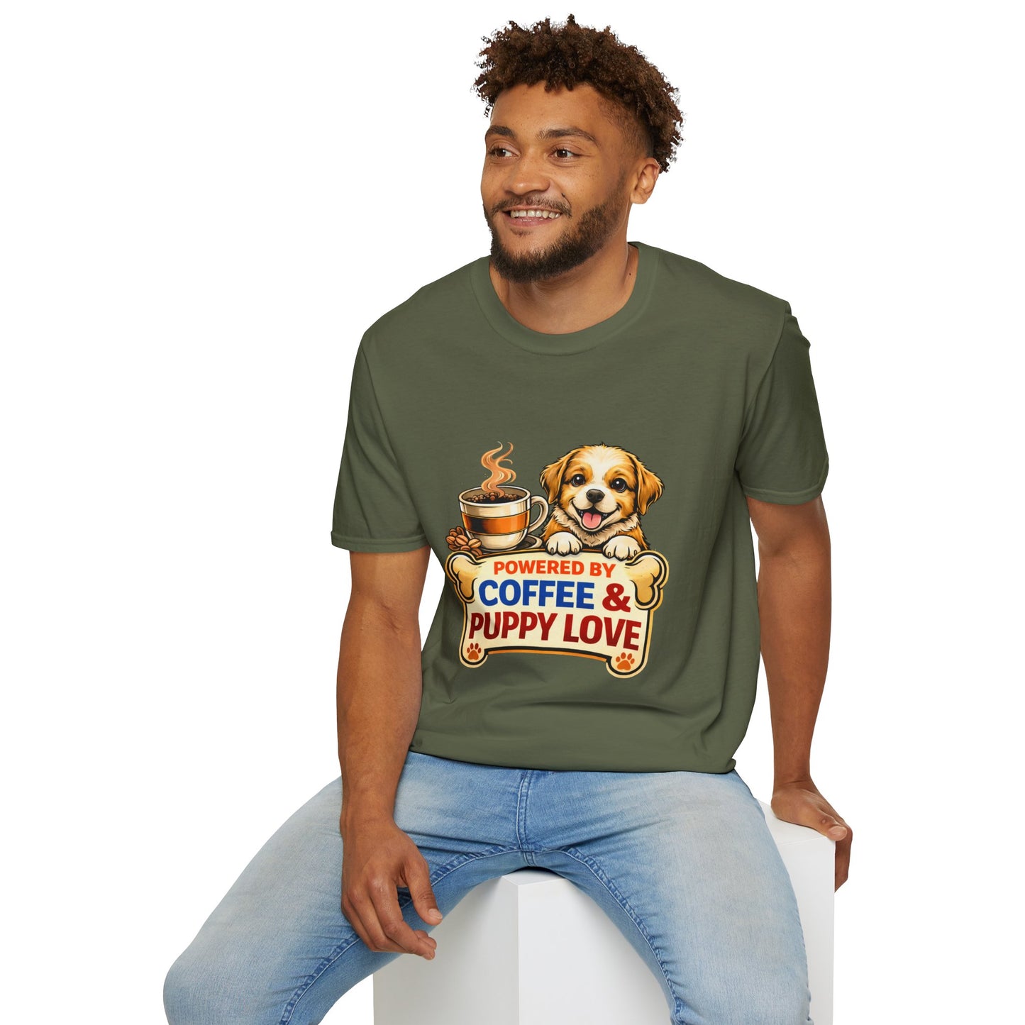 Powered By Coffee & Puppy Love t-shirt, adorable puppy graphic, coffee and dog lover design, military green
