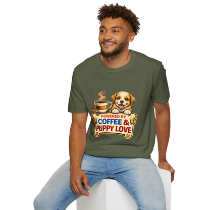 Powered By Coffee & Puppy Love t-shirt, adorable puppy graphic, coffee and dog lover design, military green