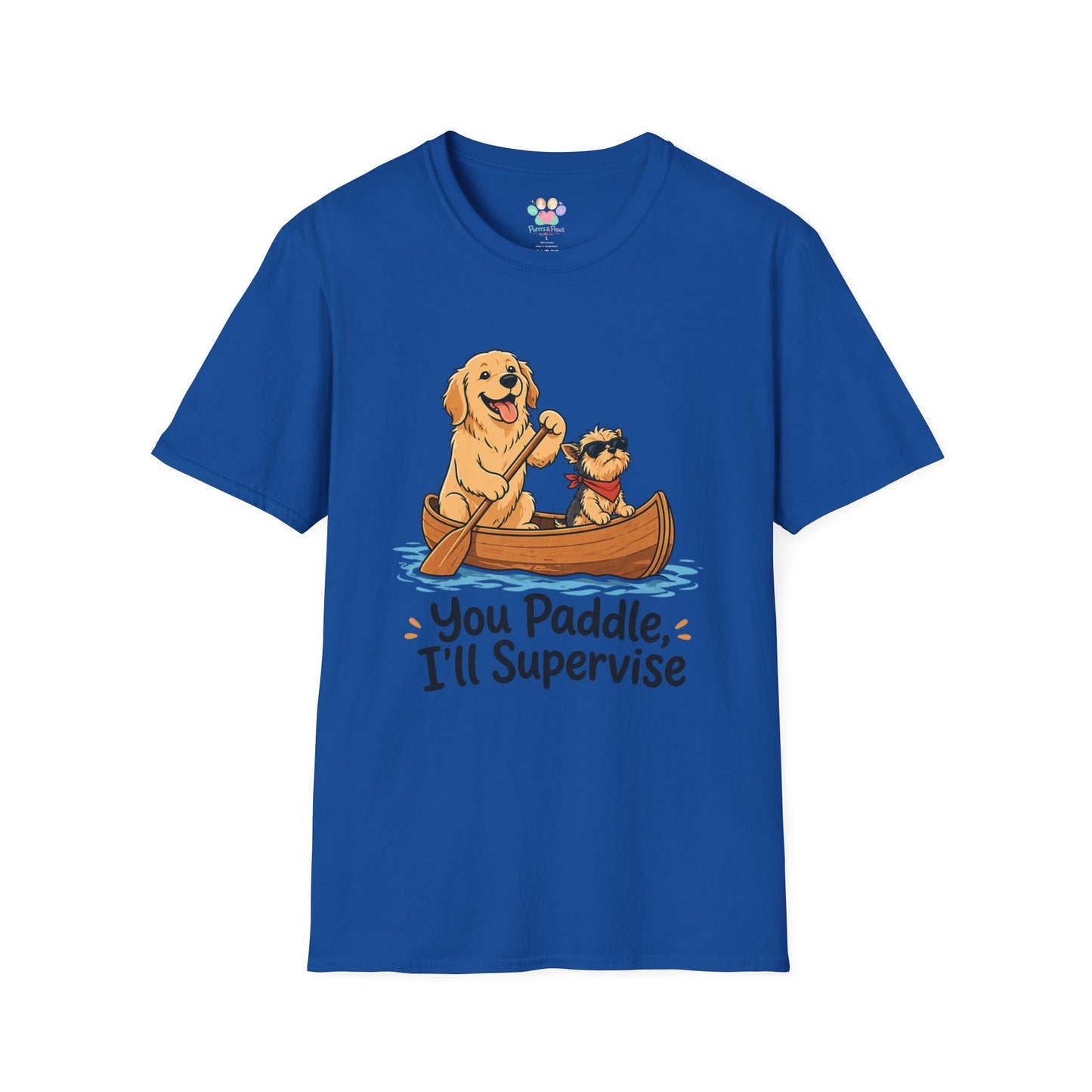 You Paddle I’ll Supervise t-shirt, golden retriever with small dog in canoe illustration, royal blue