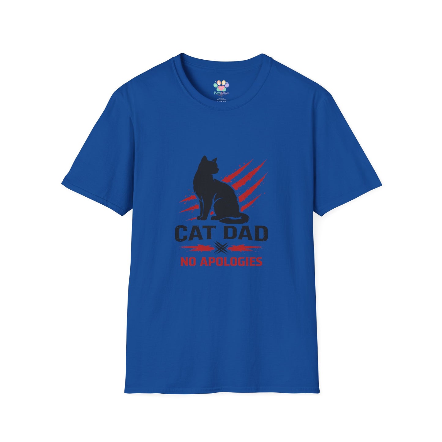 Cat Dad No Apologies t-shirt, edgy cat dad illustration with black cat silhouette, royal