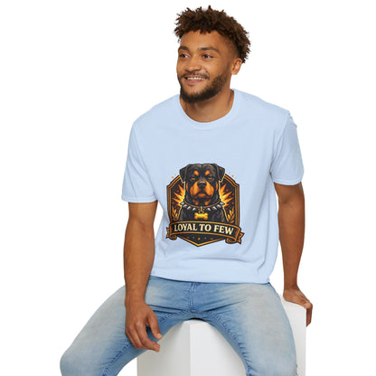 Rottweiler, “Loyal to Few” quote, loyal dog graphic design, light blue
