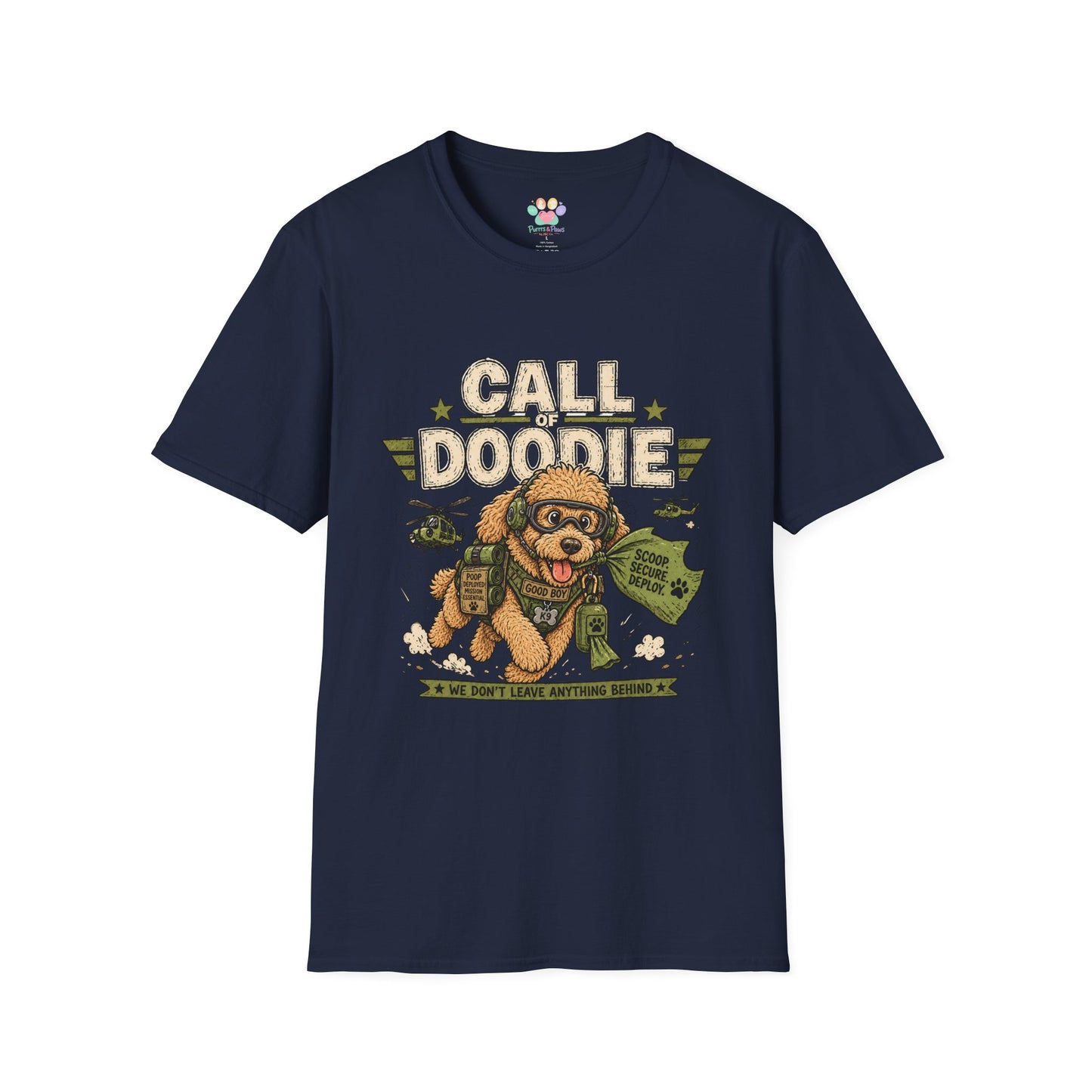 Call of Doodie t-shirt, military parody dog illustration with combat poodle graphic, navy