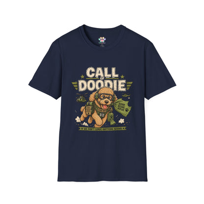 Call of Doodie t-shirt, military parody dog illustration with combat poodle graphic, navy