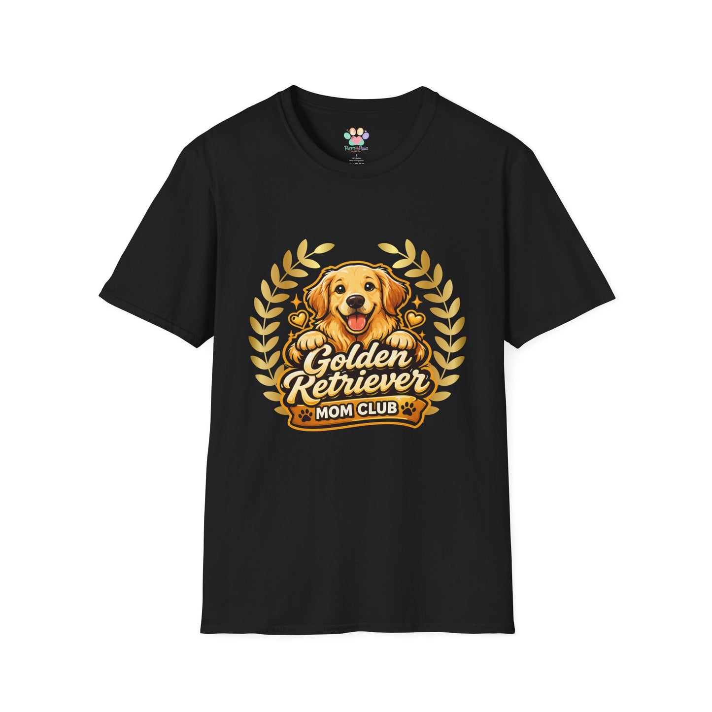 Golden Retriever Mom Club shirt, smiling golden retriever puppy graphic, black