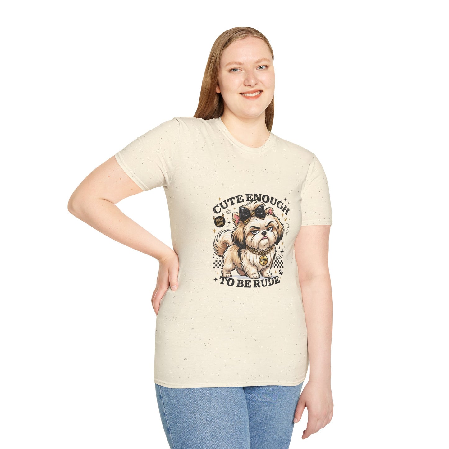 Cute Enough To Be Rude dog t-shirt, cute sassy dog with bow and diva tag design, natural