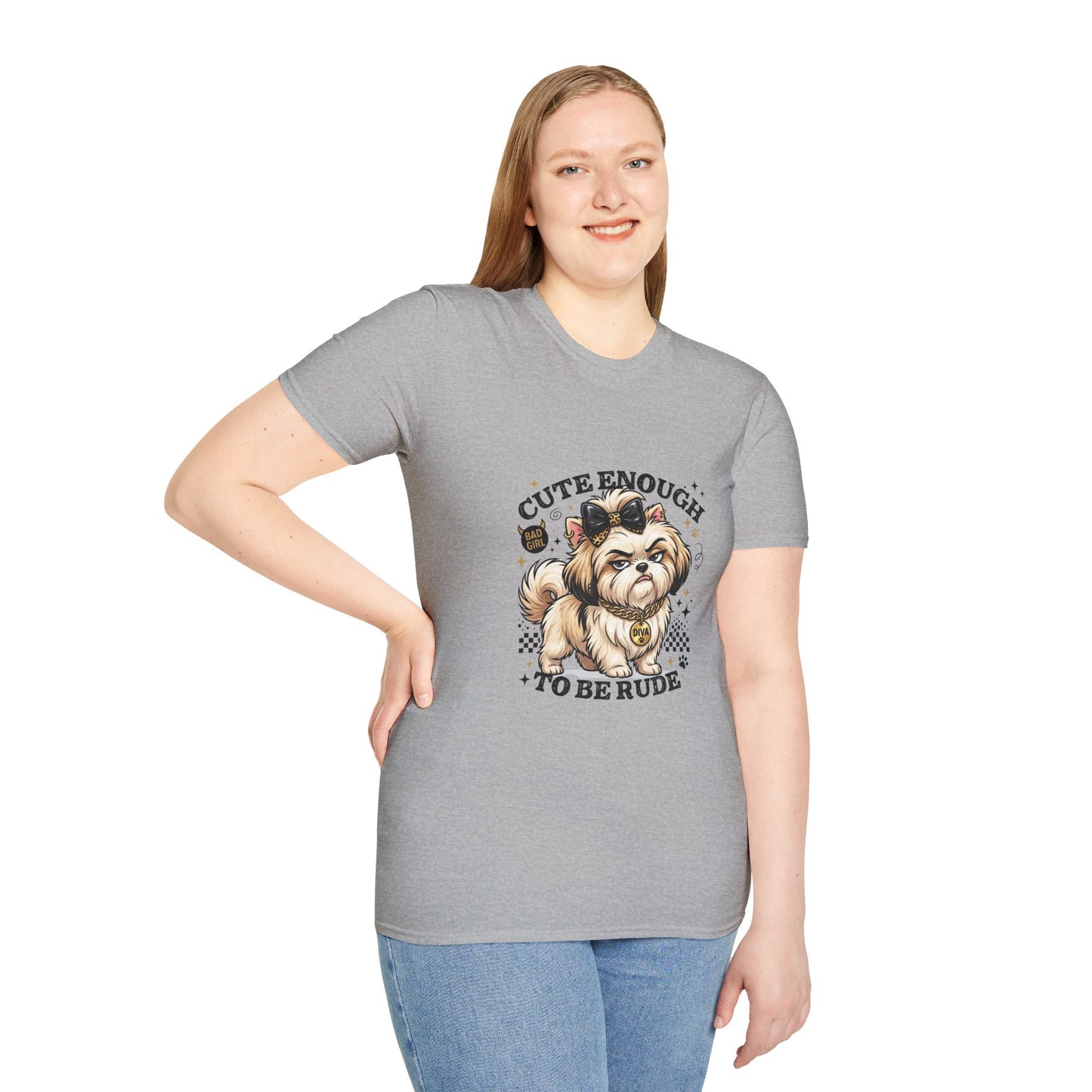 Cute Enough To Be Rude dog t-shirt, small dog diva graphic with bow and necklace, sport gray