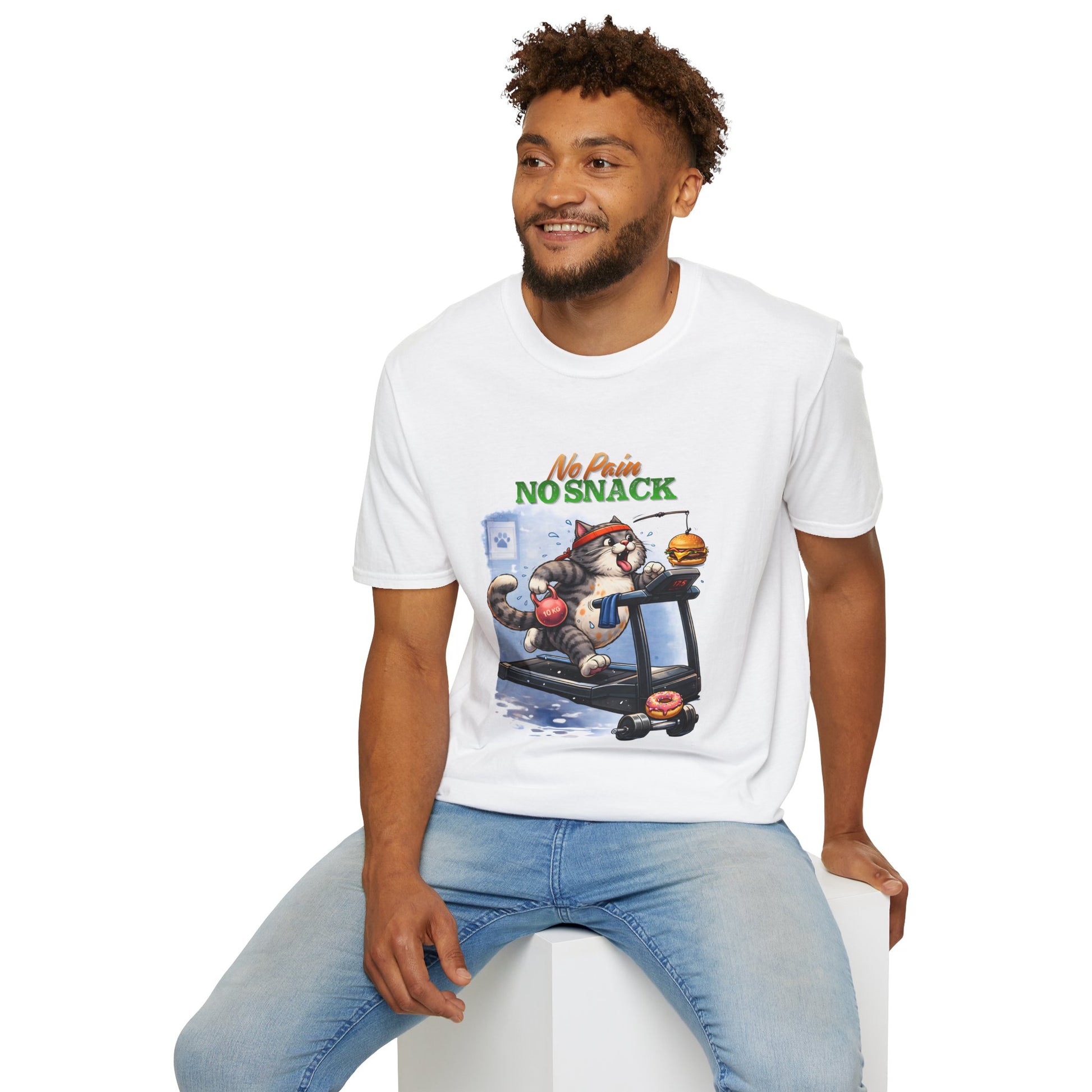 No Pain No Snack t-shirt, cat on treadmill with burger and donut graphic, white