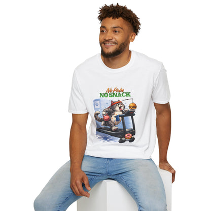 No Pain No Snack t-shirt, cat on treadmill with burger and donut graphic, white