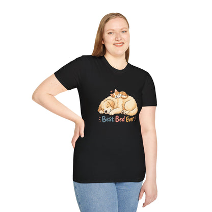 Best Bed Ever t-shirt, sleeping puppy with kitten on back graphic, black
