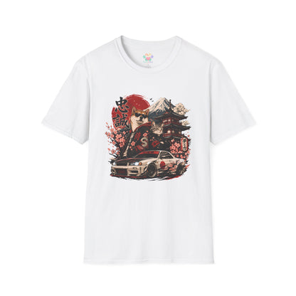 Samurai Shiba Inu and Tabby Cat t-shirt, Japanese warrior animal graphic with sports car, white