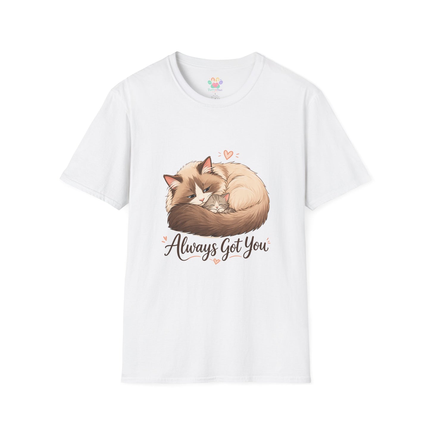 Always Got You t-shirt, mother cat cuddling kitten graphic, white
