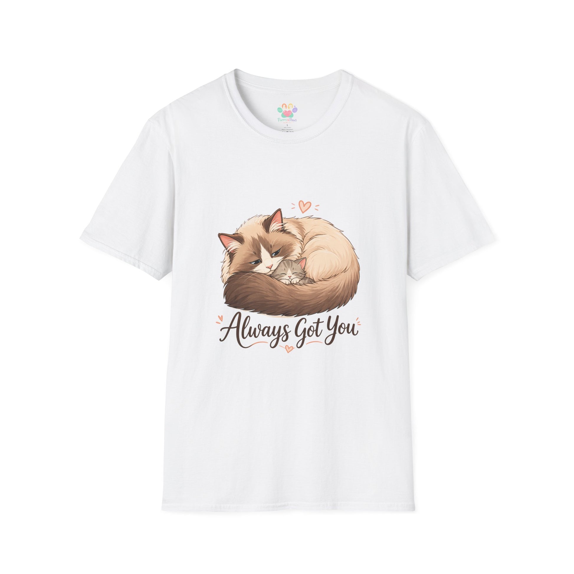 Always Got You t-shirt, mother cat cuddling kitten graphic, white