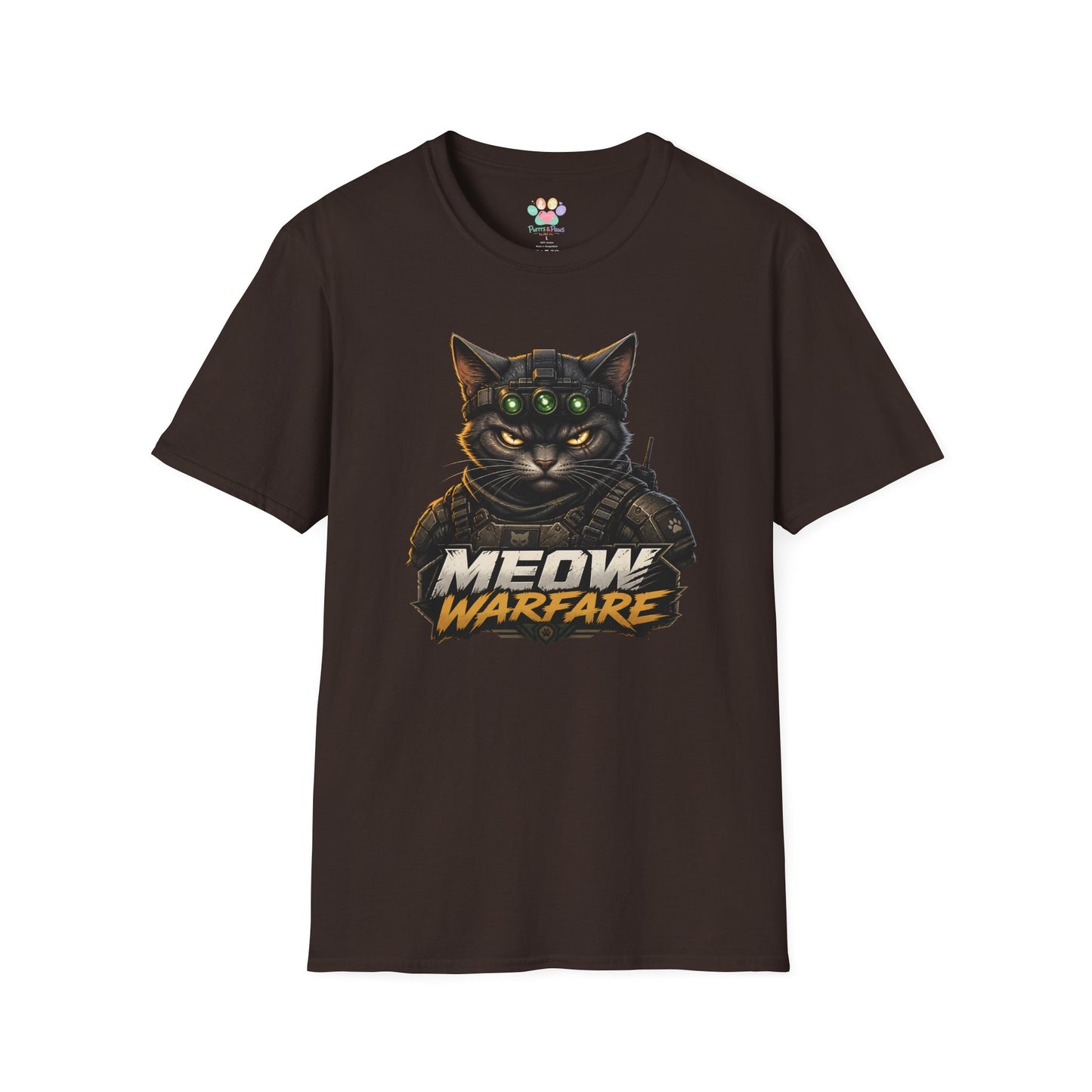 Meow Warfare t-shirt, tactical cat parody design with combat black cat graphic, dark chocolate