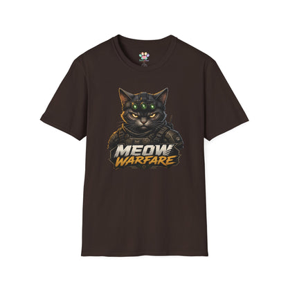 Meow Warfare t-shirt, tactical cat parody design with combat black cat graphic, dark chocolate