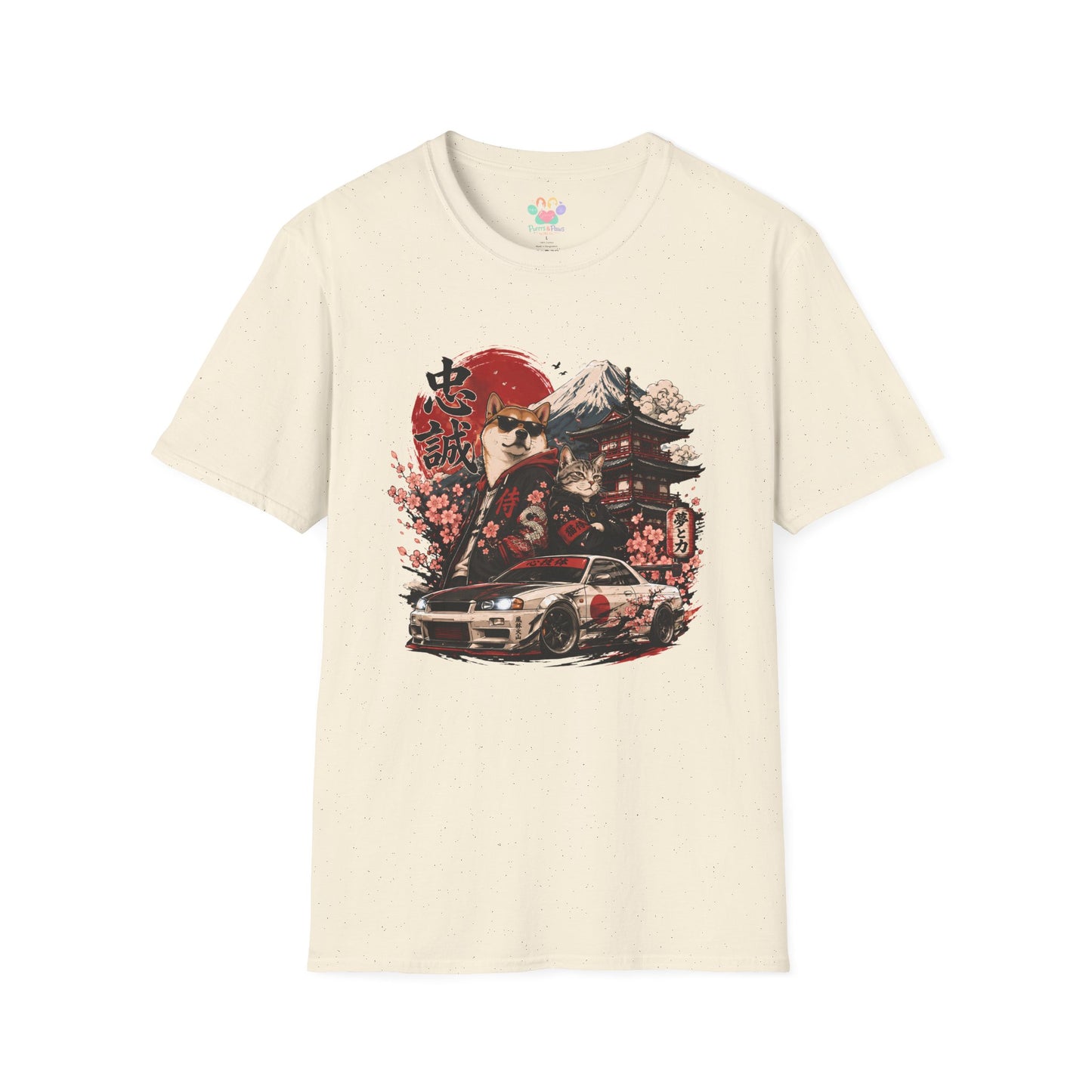 Samurai Shiba Inu and Tabby Cat t-shirt, car enthusiast design featuring samurai Shiba Inu and tabby cat, natural