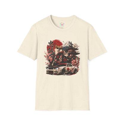 Samurai Shiba Inu and Tabby Cat t-shirt, car enthusiast design featuring samurai Shiba Inu and tabby cat, natural