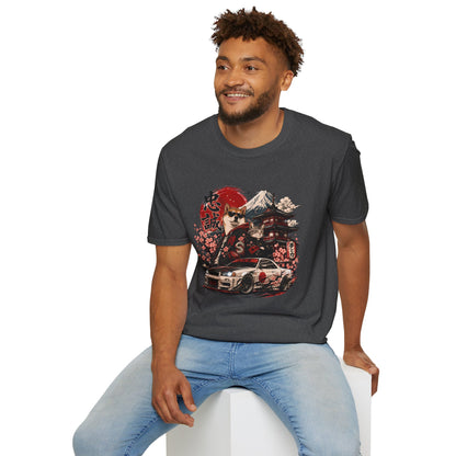 Samurai Shiba Inu and Tabby Cat t-shirt, Japanese heritage artwork with cherry blossoms and performance car, dark heather