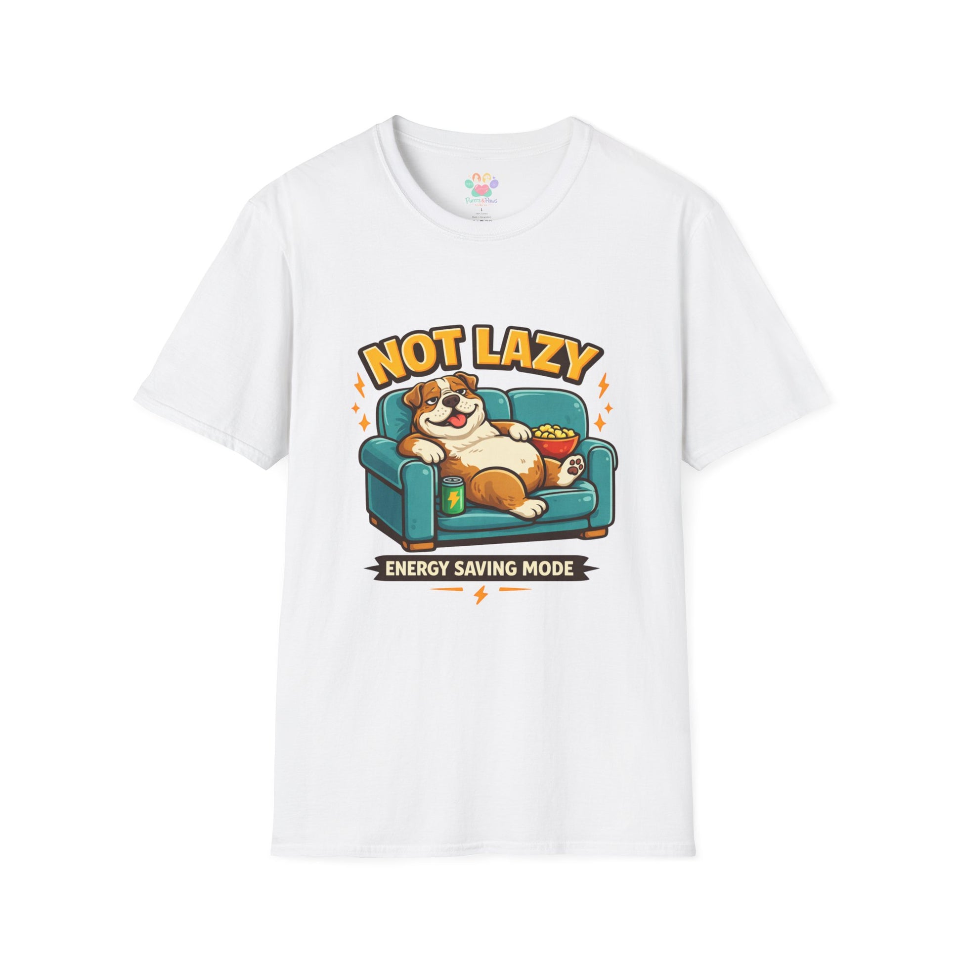 Not Lazy Energy Saving Mode t-shirt, lazy dog on couch with snacks graphic, white